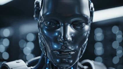 Close Up Of A Futuristic Android Robot With Blue Glowing Eyes In A Dark Server Room - Powered by Adobe
