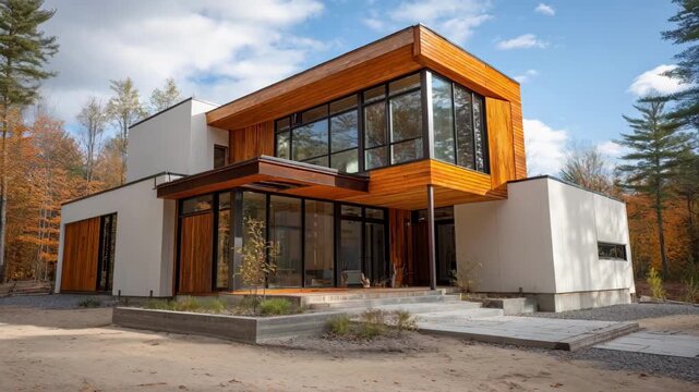 Modern passive netzero home featuring large southfacing windows and thick insulation designed to maximize natural heat and light.