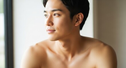 Obraz premium Young adult male with dark hair gazes thoughtfully into the bright distance beside a window