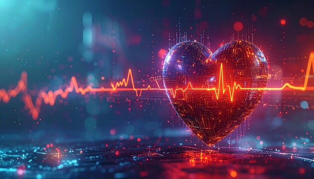 Heartbeat line transforming into a digital AI code, AI role in real-time patient monitoring and heart health management. Advanced AI technology for cardiac care
