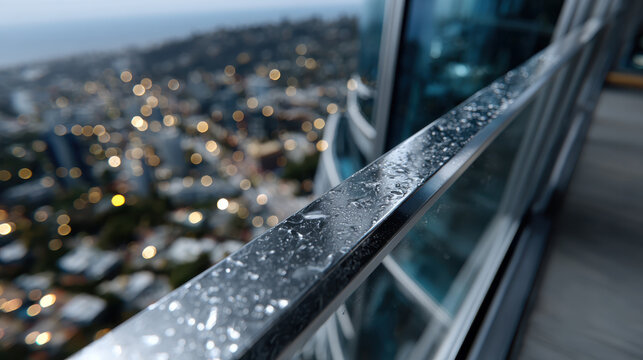 A close-up of a wet metallic balustrade gleaming under the twilight sky, drawing attention to the interplay of light and water, evoking feelings of nostalgia and elegance after rain. - Powered by Adobe