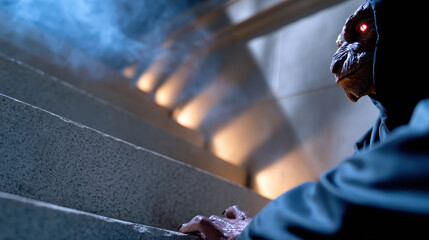 A haunting figure emerging from shadows on staircase steps evokes a sense of mystery and suspense, symbolizing fears and unknown concepts in a dark, artistic narrative.