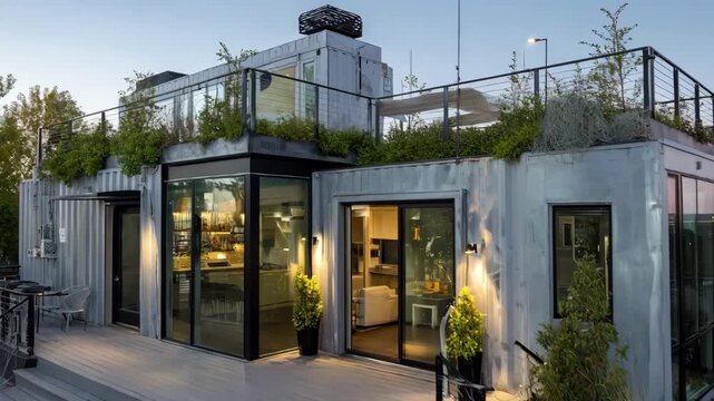 Modern urban shipping container home with sleek metal exterior large windows and rooftop garden blending innovative design with ecofriendly living in a city environment.