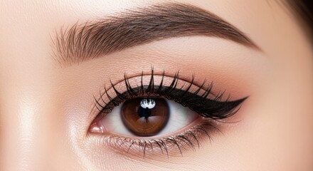 Obraz premium Detailed close up reveals rich brown iris and expertly applied cosmetic enhancements around the eye area