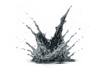 Water splashing forming an abstract liquid splash crown with numerous droplets, dynamic fluid movement on transparent background