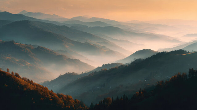 A breathtaking aerial view of misty mountain ranges at sunrise or sunset, with warm light illuminating rolling hills and valleys.