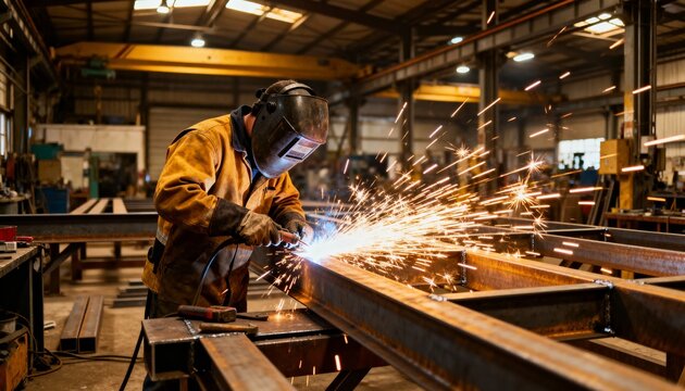 Medium shot of a skilled welder shaping custom steel beams in an industrial workshop sparks flying as structural components take form.