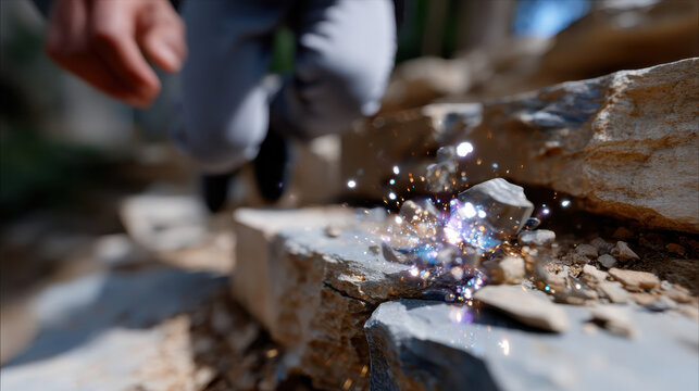 A close-up capturing the dynamic motion of a person climbing rocky terrain, with magical sparkles radiating from the rocks, embodying adventure and the thrill of exploration in nature.