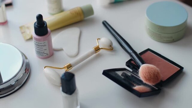 studio shoot of make up produts and jade roller