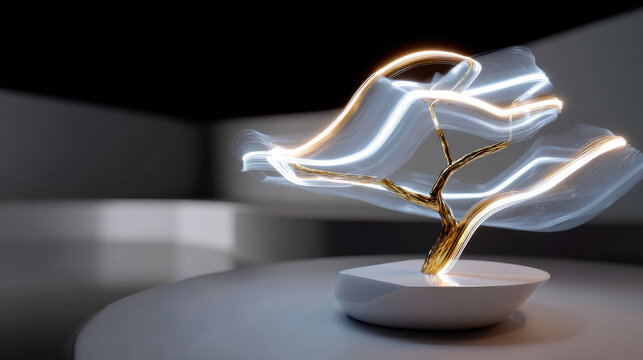 This stunning sculpture features a lit tree design that conveys elegance and modernity with flowing light elements creating an enchanting atmosphere in a minimalist setting.