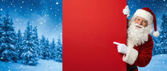 Santa Claus points to a large blank red sign with copy space for festive messages or holiday promotions, set against a serene snowy winter forest backdrop