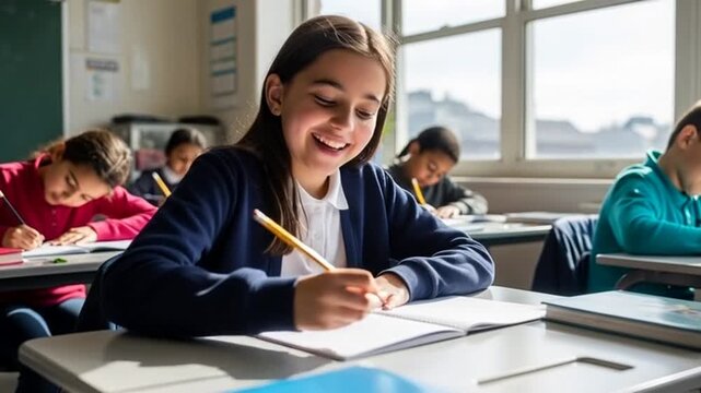 Enthusiastic Elementary School Students Engaged in Focused Learning and Writing in a Classroom