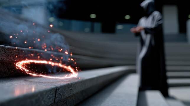 The image portrays a shadowy figure in a dark setting, observing luminous sparks floating on stone steps, evoking a sense of mystery and suspense in an artistic context.
