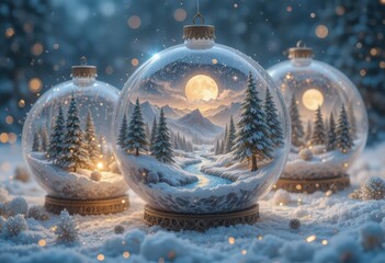 Magical Festive Snow Globe Ornaments with Detailed Winter Mountain Landscape, Blue and Gold Bokeh Lights 