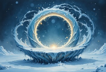Abstract Frozen Crystal Portal Stage with Golden Energy in Deep Blue Winter Environment 