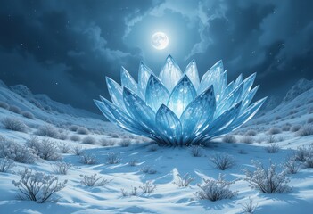 An ethereal, large crystalline lotus flower radiates a bright blue light, standing in a vast, snow-covered winter landscape. 