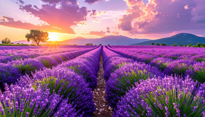 Naklejka premium Lavender Field Sunset