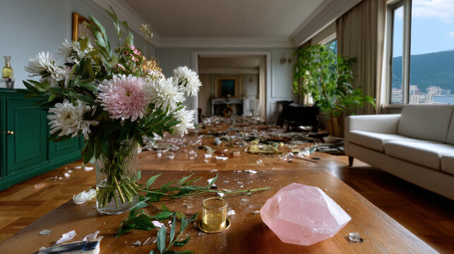 An unsettling scene of disarray displaying a messy living room, with broken glass, scattered flowers, and a sense of chaos indicating a recent disruption in the space.