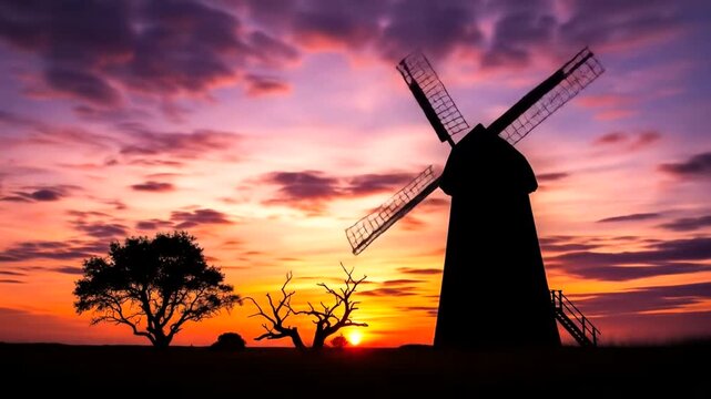 Windmill Silhouette at Sunset with Trees and Dramatic Sky.
