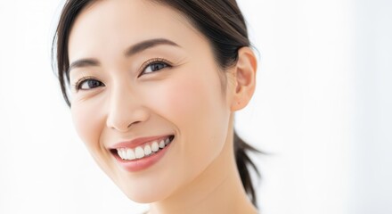 Naklejka premium Portrait of a young adult woman with radiant skin and a cheerful, wide smile against a bright background
