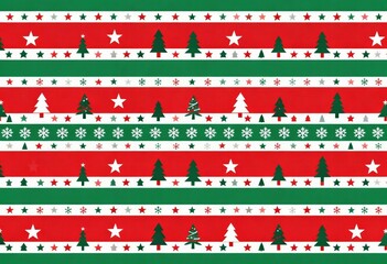 Festive Christmas Pattern with Holiday Trees Stars Snowflakes and Stripes in Traditional Red Green White Colors