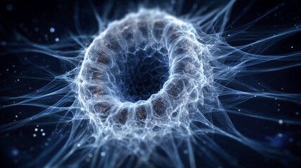 Futuristic abstract illustration of a glowing vortex made of light threads and particles, resembling a wormhole or black hole in space, with dynamic energy flow and cosmic atmosphere