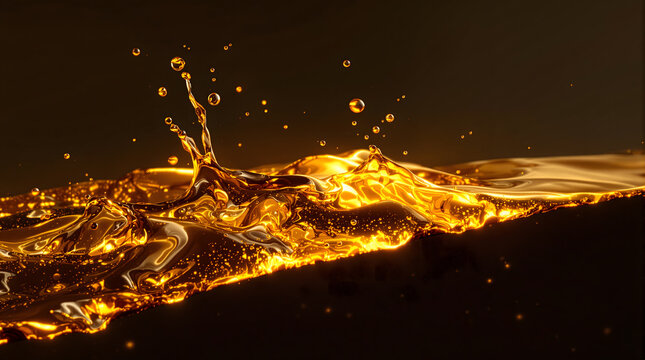 An intimate macro view of a viscous golden fluid wave with splashing droplets