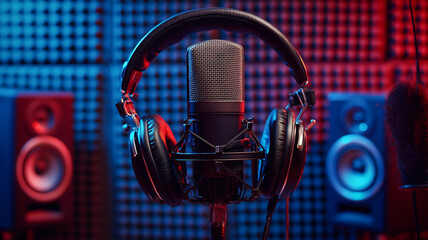 Professional microphone with headphones in a recording studio. Concept of music production, podcasting, broadcasting, and sound recording under colorful red and blue studio lights