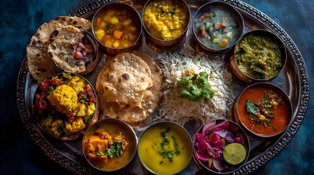 Indian Culinary Symphony: An array of flavorful dishes artfully arranged, presenting a rich tapestry of taste and tradition