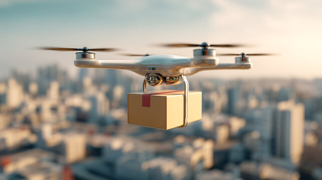 Modern drone flying over a cityscape while carrying a delivery package. Concept of innovative logistics, smart technology, and the future of autonomous aerial parcel transport