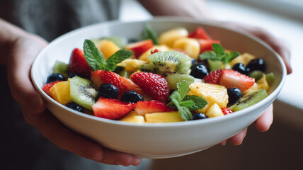 A fresh fruit salad in a white bowl with strawberries, kiwi, blueberries, pineapple, and mint leaves, showcasing vibrant colors and healthy, refreshing ingredients perfect for summer meals