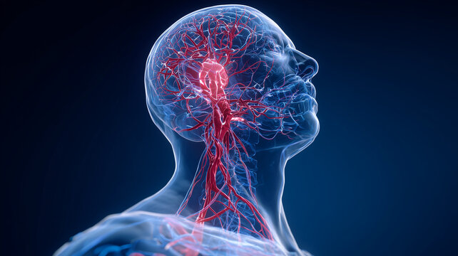 3D visualization of the human head and neck showing the circulatory system with red arteries and blue veins. The image highlights brain blood flow and anatomy in scientific detail