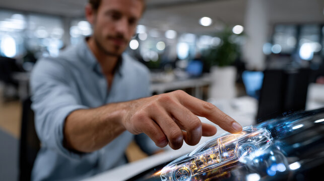 A modern creative workspace highlighting a holographic 3D car model, where hands engage with technology, embodying the synergy between design, innovation, and engineering excellence.