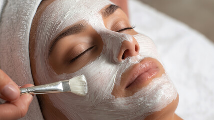 Naklejka premium Relaxing spa facial treatment with a soothing cream mask applied by a cosmetologist, highlighting skincare, beauty care, and a peaceful wellness experience