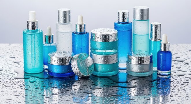 Collection of skincare product containers featuring silver caps resting on a wet, reflective surface - Powered by Adobe