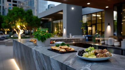 A beautifully arranged outdoor dining area featuring a variety of appetizers, perfect for gatherings or events in a contemporary setting with greenery.