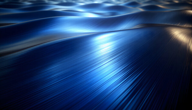 Mesmerizing abstract waves of deep blue and shimmering metallic reflections creating a dynamic and fluid background