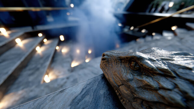 An intricate lizard sculpture placed on a staircase, complemented by fog that enhances the surreal and artistic ambiance, inviting viewers into a world of imagination.