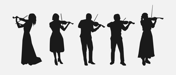 Silhouettes of violin players. Isolated vector illustration.
