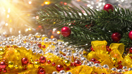 Red Baubles with Gold and Silver Beads and Yellow Ribbons in Pine Holiday Arrangement