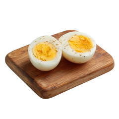 Halved boiled eggs on wooden board breakfast food protein healthy diet isolated on transprint background