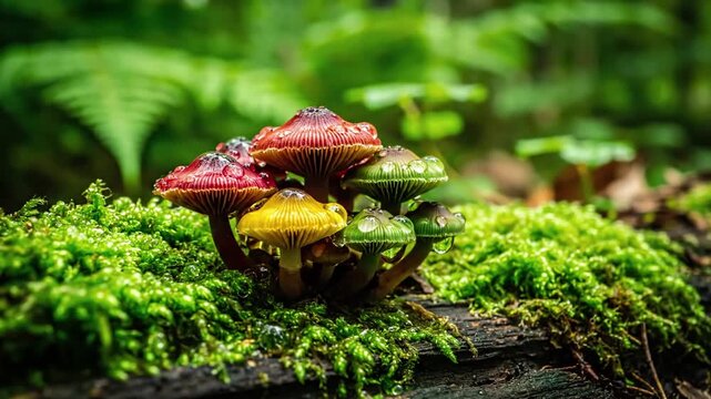 Abstract patterns formed by multiple mushroom caps of varying sizes and colors, creating a visually striking organic composition. Wide shot of a small section of the forest floor, capturing a?