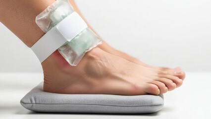 Applying a cold gel pack with a strap to a sprained ankle for pain relief and recovery.