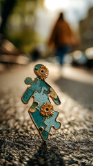 Naklejka premium Puzzle-piece figure with sunflower accents, centered on textured ground, evokes connection and growth in warm outdoor light.