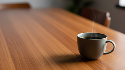 Single coffee cup placed near the bottom-right of a long wooden table, vast empty tabletop and blurred background as negative space, cozy but minimal scene for lifestyle or business concepts.
