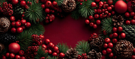 Red Christmas template for design featuring a festive frame against a red background Flat lay top view and copy space for text