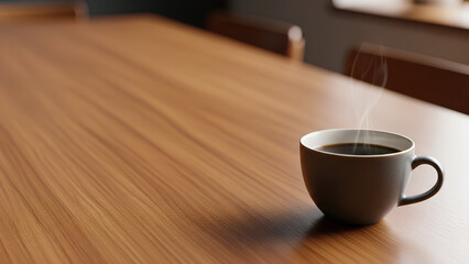 Single coffee cup placed near the bottom-right of a long wooden table, vast empty tabletop and blurred background as negative space, cozy but minimal scene for lifestyle or business concepts.