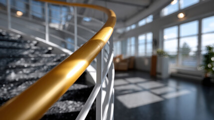 An artistic shot of a curved yellow handrail on a spiral staircase, highlighting the interplay of light and shadow in a modern architectural setting.