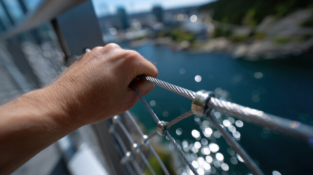 A close-up shot captures a hand gripping a metal railing, overlooking a shimmering body of water, emphasizing the relationship between humans and their surroundings.