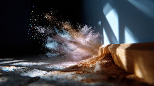 Vibrant dust particles burst into colorful clouds in a dimly lit room, creating a powerful visual impact that represents dynamic energy and movement in space.
